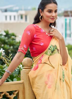 light yellow floral printed saree for women tabby silk 4