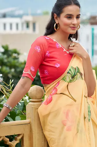  light yellow floral printed saree for women tabby silk