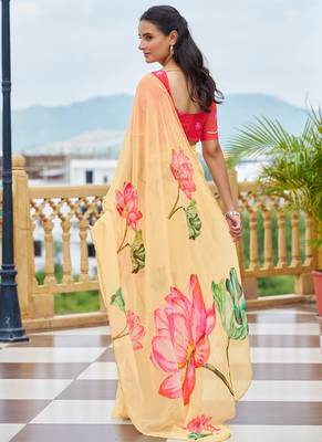 light yellow floral printed saree for women tabby silk 5