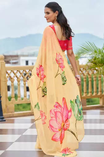  light yellow floral printed saree for women tabby silk