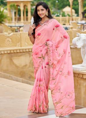 pink floral printed saree for women tabby silk 1