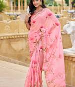 designer pink floral printed saree for women tabby silk