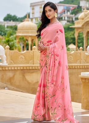 pink floral printed saree for women tabby silk 2