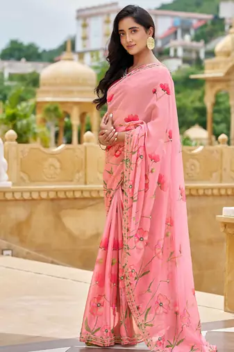  pink floral printed saree for women tabby silk