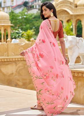 pink floral printed saree for women tabby silk 3
