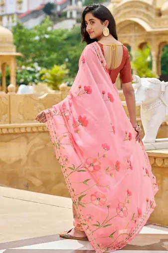  pink floral printed saree for women tabby silk