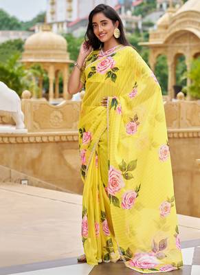 yellow floral printed saree for women tabby silk 1