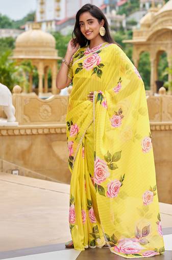 designer yellow floral printed saree for women tabby silk