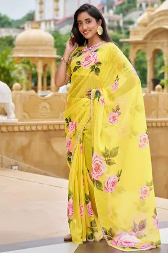 designer yellow floral printed saree for women tabby silk