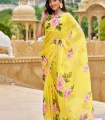 designer yellow floral printed saree for women tabby silk