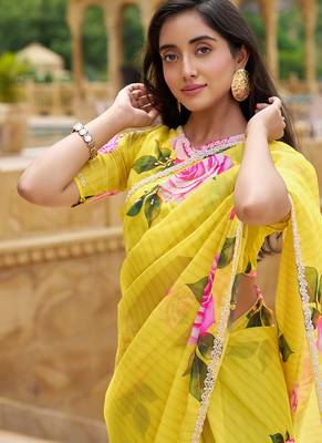 yellow floral printed saree for women tabby silk 2