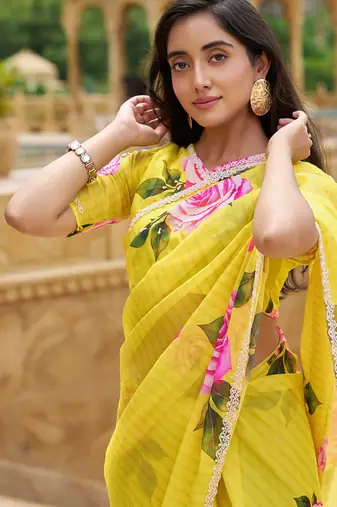  yellow floral printed saree for women tabby silk