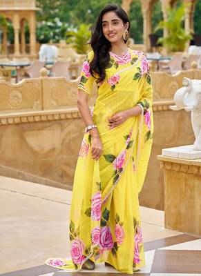 yellow floral printed saree for women tabby silk 3