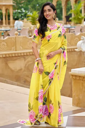  yellow floral printed saree for women tabby silk