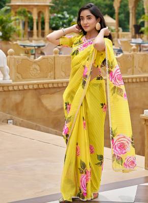 yellow floral printed saree for women tabby silk 4