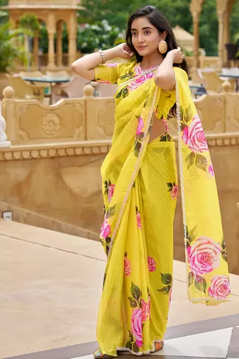  yellow floral printed saree for women tabby silk