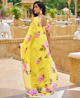 yellow floral printed saree for women tabby silk 5
