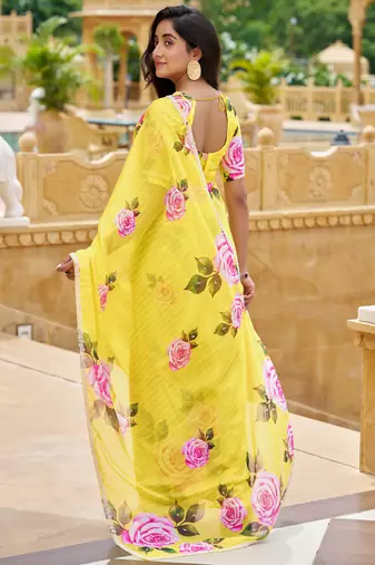  yellow floral printed saree for women tabby silk
