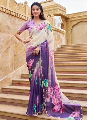 purple floral printed saree for women tabby silk 1
