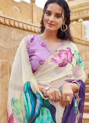 purple floral printed saree for women tabby silk 2