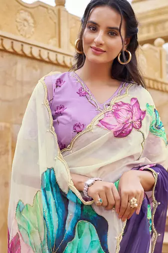  purple floral printed saree for women tabby silk