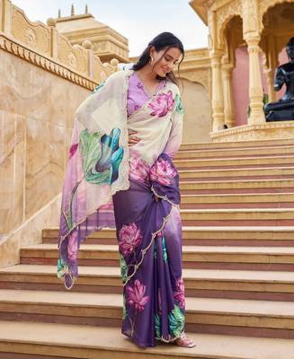 purple floral printed saree for women tabby silk 3
