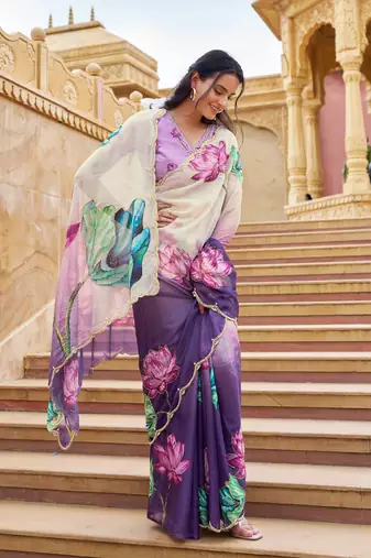  purple floral printed saree for women tabby silk
