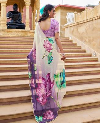 purple floral printed saree for women tabby silk 5