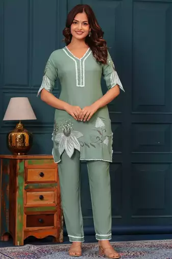 Aaysa Embroidered Tunic With Trousers Co-Ords