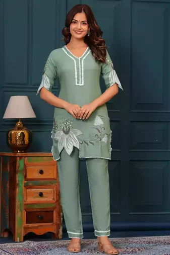 Aaysa Embroidered Tunic With Trousers Co-Ords