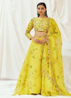 Yellow Floral printed Organza Lehenga 1