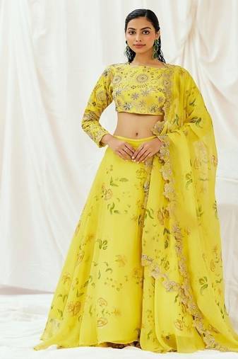 Yellow Floral printed Organza Lehenga