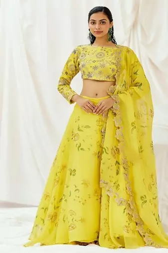 Yellow Floral printed Organza Lehenga