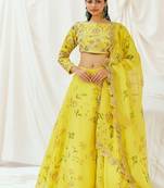 Yellow Floral printed Organza Lehenga