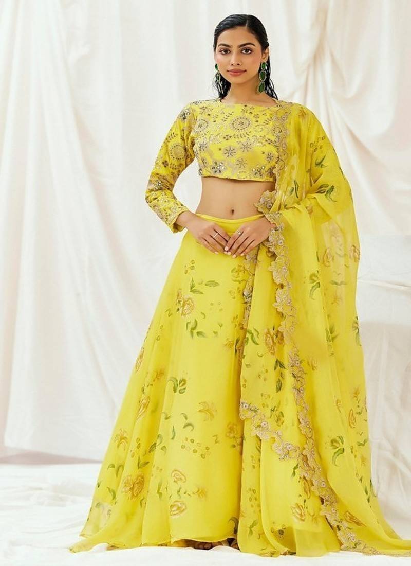 Yellow Floral printed Organza Lehenga