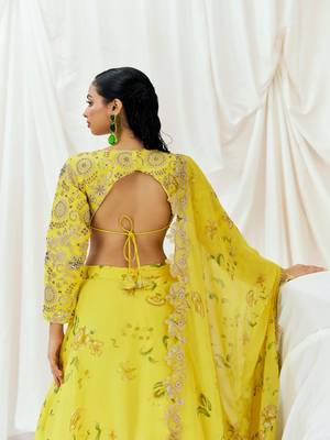 Yellow Floral printed Organza Lehenga 2