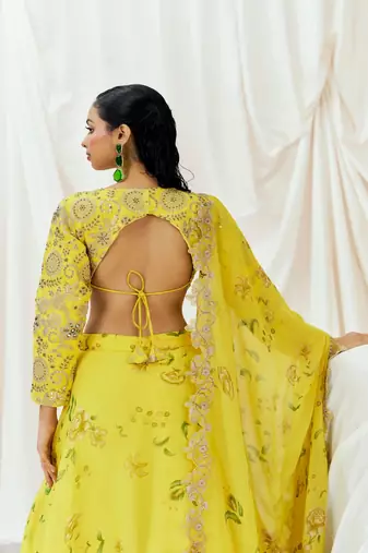 Yellow Floral printed Organza Lehenga