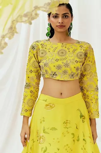 Yellow Floral printed Organza Lehenga