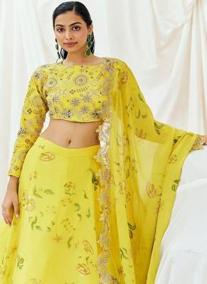 Yellow Floral printed Organza Lehenga 4