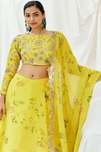 Yellow Floral printed Organza Lehenga