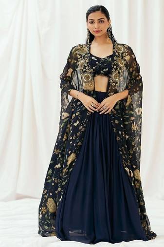 Navy Blue plain Georgette Lehenga