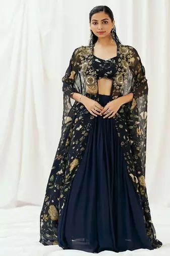 Navy Blue plain Georgette Lehenga