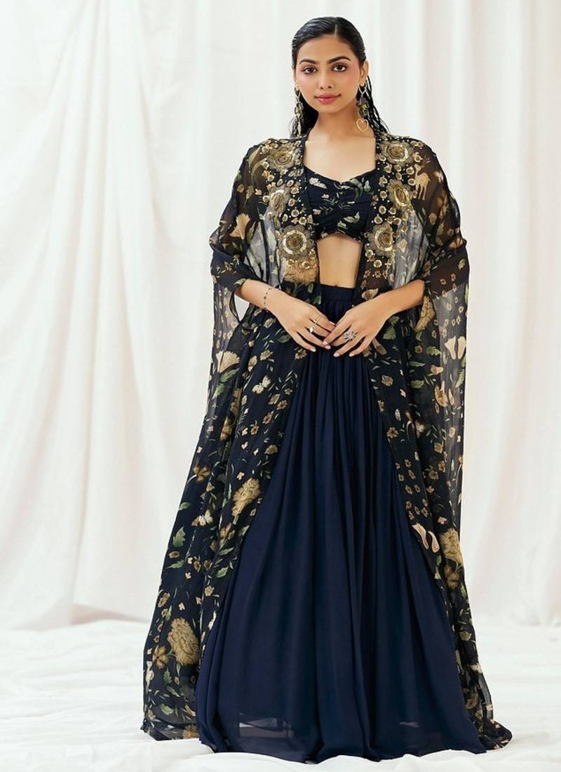 Navy Blue plain Georgette Lehenga