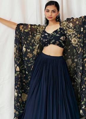 Navy Blue plain Georgette Lehenga 2