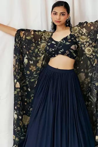 Navy Blue plain Georgette Lehenga