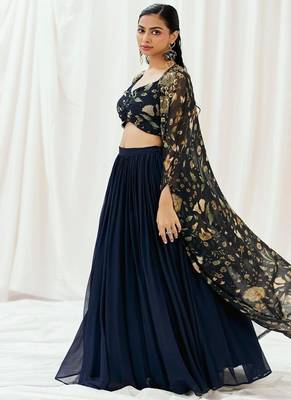 Navy Blue plain Georgette Lehenga 3