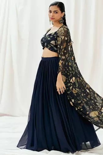 Navy Blue plain Georgette Lehenga
