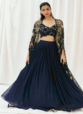 Navy Blue plain Georgette Lehenga 4