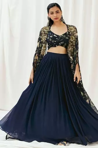 Navy Blue plain Georgette Lehenga