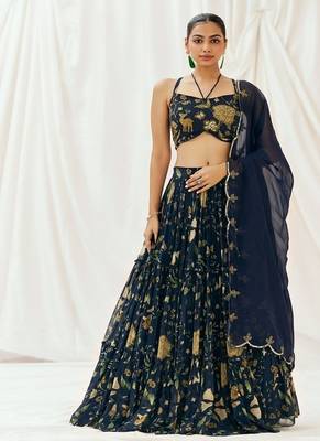 Navy Blue Floral printed Georgette Lehenga 1